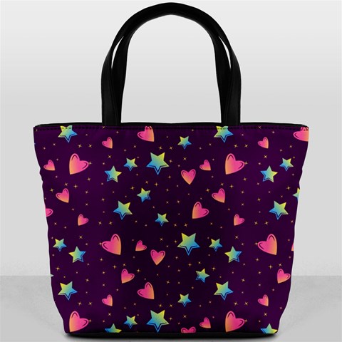 Colorful Stars Hearts Seamless Vector Pattern Bucket Bag from ArtsNow.com Front