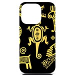 Mexican Culture Golden Tribal Icons iPhone 14 Pro Black UV Print Case