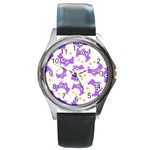 Purple Owl Pattern Background Round Metal Watch