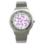Purple Owl Pattern Background Stainless Steel Watch