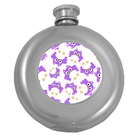 Purple Owl Pattern Background Round Hip Flask (5 oz) from ArtsNow.com Front