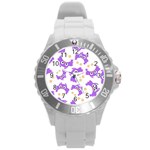 Purple Owl Pattern Background Round Plastic Sport Watch (L)