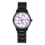 Purple Owl Pattern Background Stainless Steel Round Watch