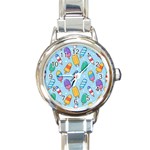 Cute Kawaii Ice Cream Seamless Pattern Round Italian Charm Watch