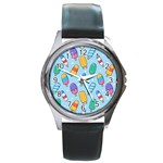 Cute Kawaii Ice Cream Seamless Pattern Round Metal Watch