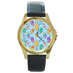 Cute Kawaii Ice Cream Seamless Pattern Round Gold Metal Watch