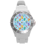 Cute Kawaii Ice Cream Seamless Pattern Round Plastic Sport Watch (L)