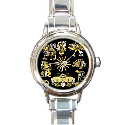Maya Style Gold Linear Totem Icons Round Italian Charm Watch from ArtsNow.com Front