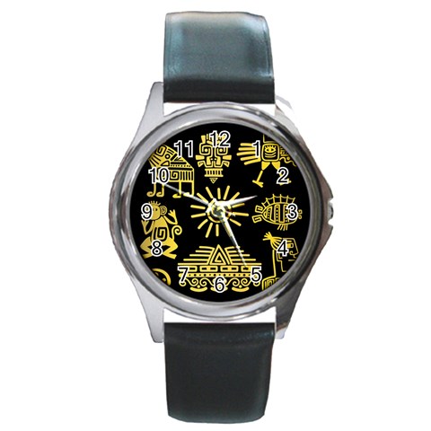 Maya Style Gold Linear Totem Icons Round Metal Watch from ArtsNow.com Front