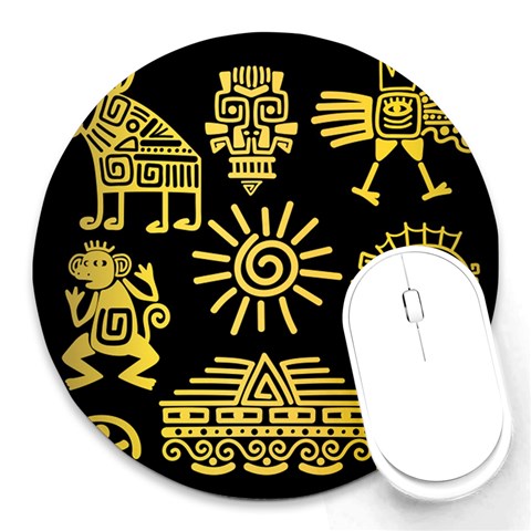 Maya Style Gold Linear Totem Icons Round Mousepad from ArtsNow.com Front