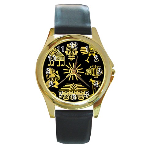 Maya Style Gold Linear Totem Icons Round Gold Metal Watch from ArtsNow.com Front