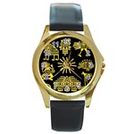 Maya Style Gold Linear Totem Icons Round Gold Metal Watch