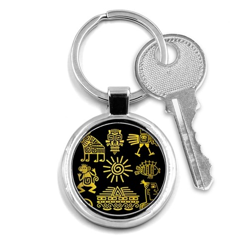 Maya Style Gold Linear Totem Icons Key Chain (Round) from ArtsNow.com Front