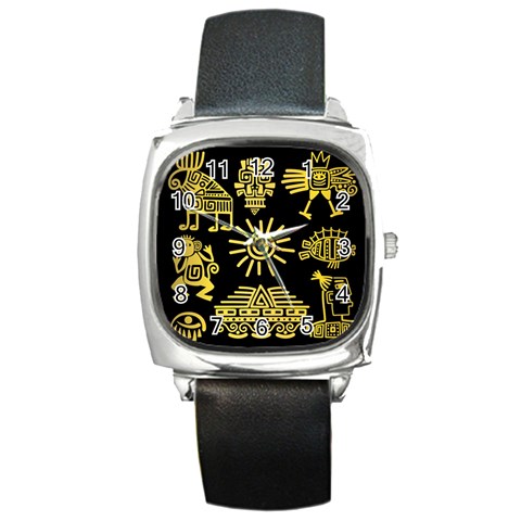 Maya Style Gold Linear Totem Icons Square Metal Watch from ArtsNow.com Front