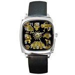 Maya Style Gold Linear Totem Icons Square Metal Watch