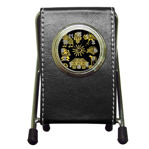 Maya Style Gold Linear Totem Icons Pen Holder Desk Clock from ArtsNow.com Front