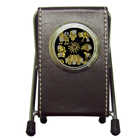 Maya Style Gold Linear Totem Icons Pen Holder Desk Clock from ArtsNow.com Front