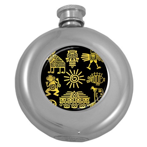 Maya Style Gold Linear Totem Icons Round Hip Flask (5 oz) from ArtsNow.com Front