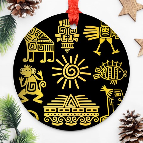 Maya Style Gold Linear Totem Icons Round Ornament (Two Sides) from ArtsNow.com Back