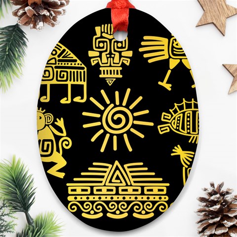 Maya Style Gold Linear Totem Icons Oval Ornament (Two Sides) from ArtsNow.com Front
