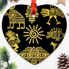 Maya Style Gold Linear Totem Icons Heart Ornament (Two Sides) from ArtsNow.com Front