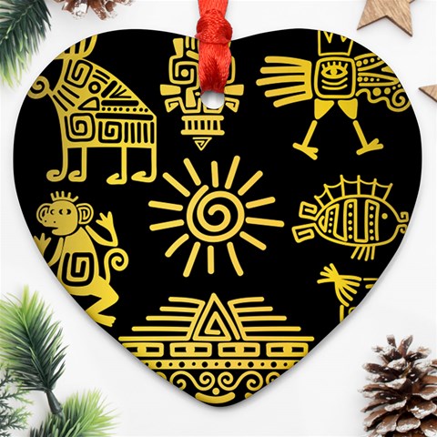Maya Style Gold Linear Totem Icons Heart Ornament (Two Sides) from ArtsNow.com Back