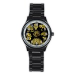 Maya Style Gold Linear Totem Icons Stainless Steel Round Watch