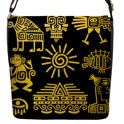 Maya Style Gold Linear Totem Icons Flap Closure Messenger Bag (S) from ArtsNow.com Front