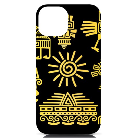 Maya Style Gold Linear Totem Icons iPhone 14 Black UV Print Case from ArtsNow.com Front