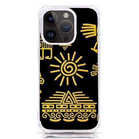 Maya Style Gold Linear Totem Icons iPhone 14 Pro TPU UV Print Case from ArtsNow.com Front