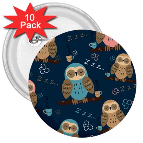 Seamless Pattern Owls Dreaming 3  Buttons (10 pack)  from ArtsNow.com Front