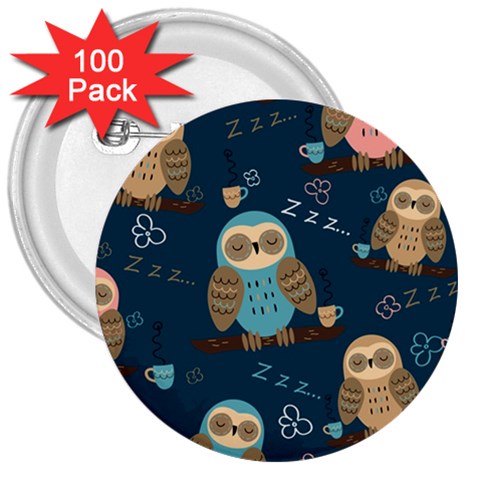 Seamless Pattern Owls Dreaming 3  Buttons (100 pack)  from ArtsNow.com Front