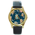 Seamless Pattern Owls Dreaming Round Gold Metal Watch