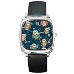 Seamless Pattern Owls Dreaming Square Metal Watch