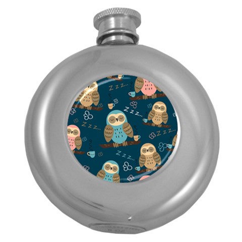 Seamless Pattern Owls Dreaming Round Hip Flask (5 oz) from ArtsNow.com Front