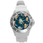 Seamless Pattern Owls Dreaming Round Plastic Sport Watch (L)