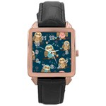Seamless Pattern Owls Dreaming Rose Gold Leather Watch 