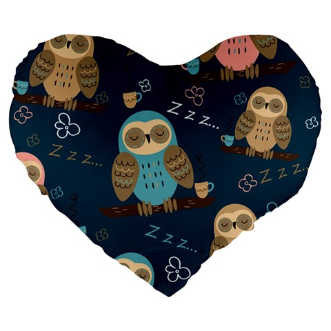 Seamless Pattern Owls Dreaming Large 19  Premium Flano Heart Shape Cushions from ArtsNow.com Front