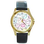 Cute Doodle Cartoon Seamless Pattern Round Gold Metal Watch