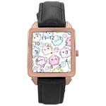 Cute Doodle Cartoon Seamless Pattern Rose Gold Leather Watch 