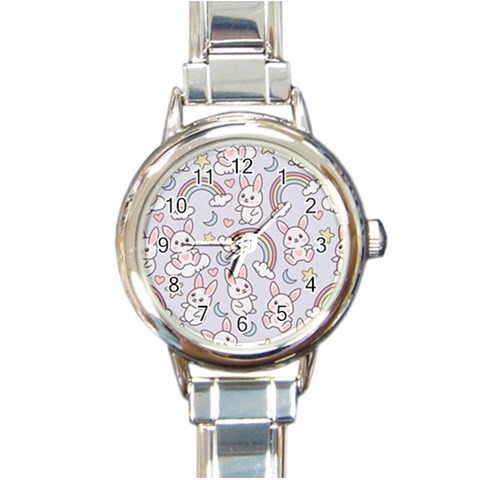 Seamless Pattern With Cute Rabbit Character Round Italian Charm Watch from ArtsNow.com Front