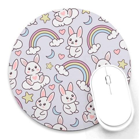 Seamless Pattern With Cute Rabbit Character Round Mousepad from ArtsNow.com Front