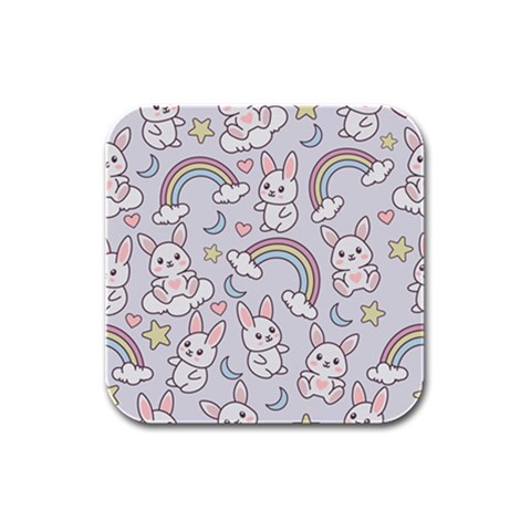 Seamless Pattern With Cute Rabbit Character Rubber Square Coaster (4 pack) from ArtsNow.com Front