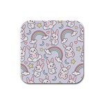 Seamless Pattern With Cute Rabbit Character Rubber Square Coaster (4 pack)