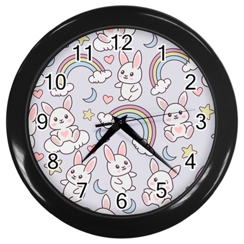 Seamless Pattern With Cute Rabbit Character Wall Clock (Black) from ArtsNow.com Front