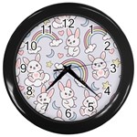 Seamless Pattern With Cute Rabbit Character Wall Clock (Black)