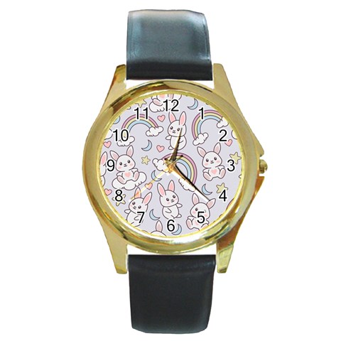 Seamless Pattern With Cute Rabbit Character Round Gold Metal Watch from ArtsNow.com Front
