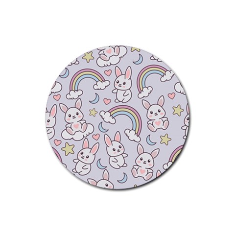 Seamless Pattern With Cute Rabbit Character Rubber Coaster (Round) from ArtsNow.com Front