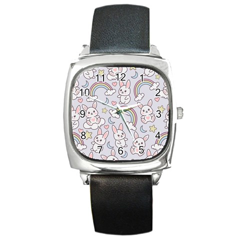 Seamless Pattern With Cute Rabbit Character Square Metal Watch from ArtsNow.com Front