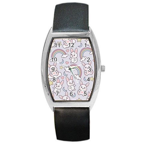 Seamless Pattern With Cute Rabbit Character Barrel Style Metal Watch from ArtsNow.com Front